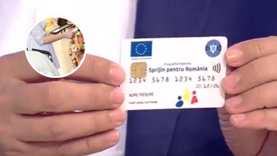 colaj mâini care țin un card de tichete sociale, femeie la cumpărături cu un căruț de bebe