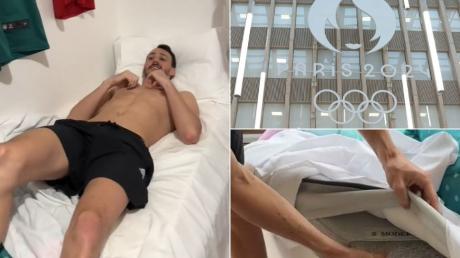 Collage of Olympic athletes trying to get into bed at the Olympic Village accommodation, Olympic athletes showing mattresses on bed