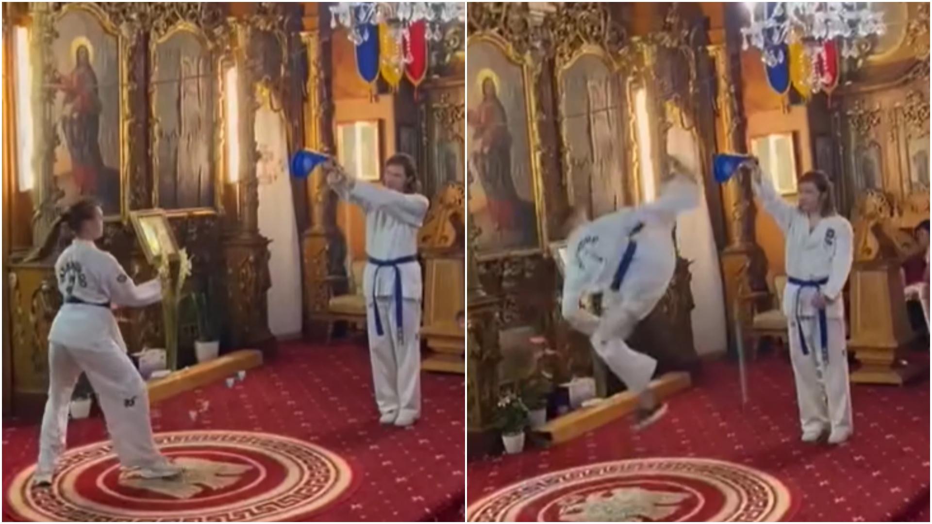 Imagini virale surprinse &icirc;ntr-o biserică din Oradea. Un grup de copii, demonstrație de arte marțiale &icirc;n lăcașul de cult