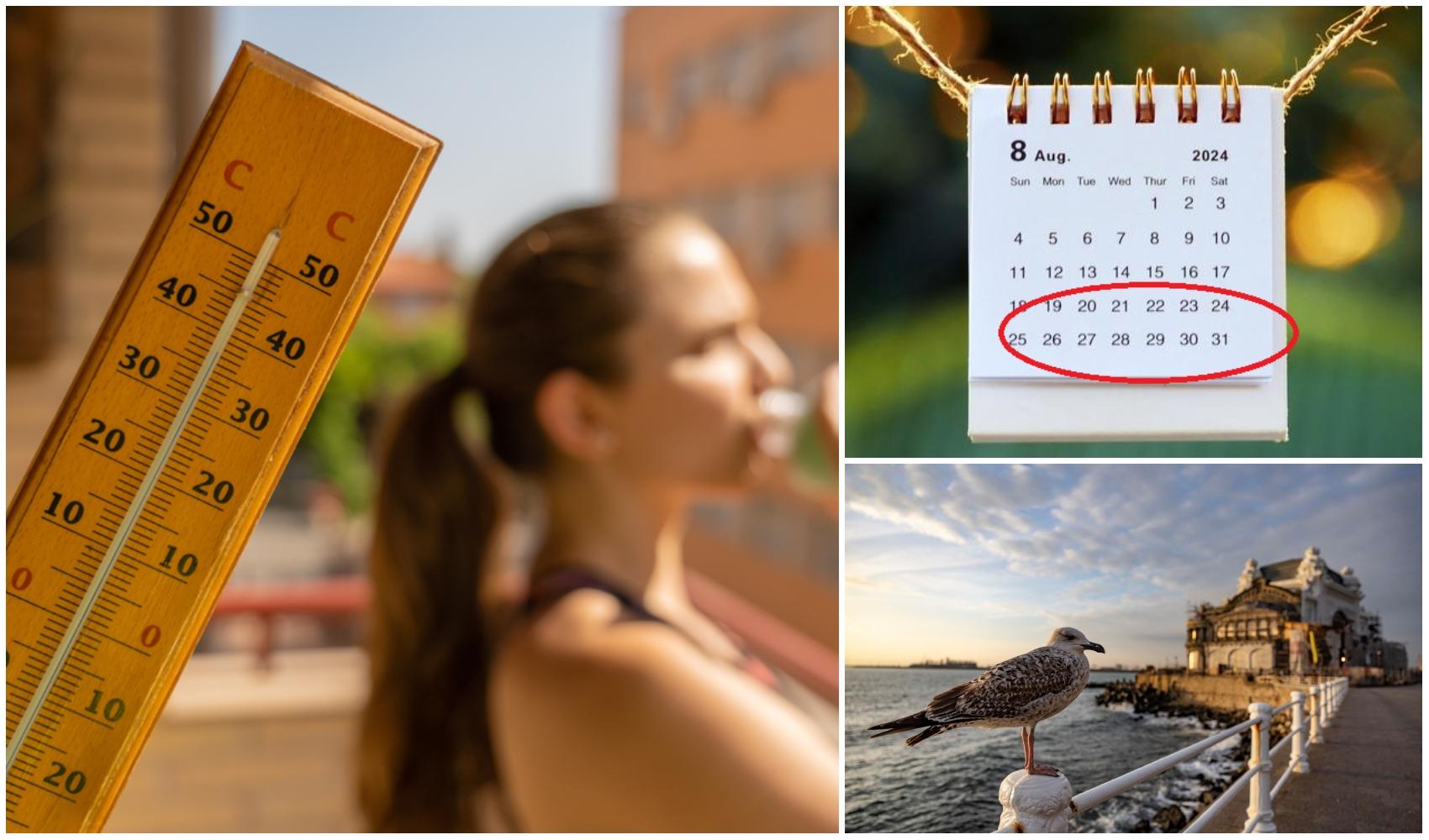 colaj foto cu termometru si femeie care bea apa, imagine cu cazinoul din constanta si un pescarus si poza cu un calendar