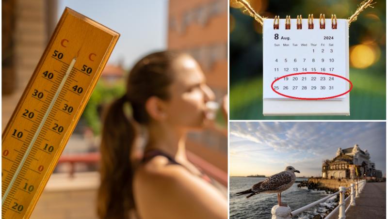 colaj foto cu termometru si femeie care bea apa, imagine cu cazinoul din constanta si un pescarus si poza cu un calendar