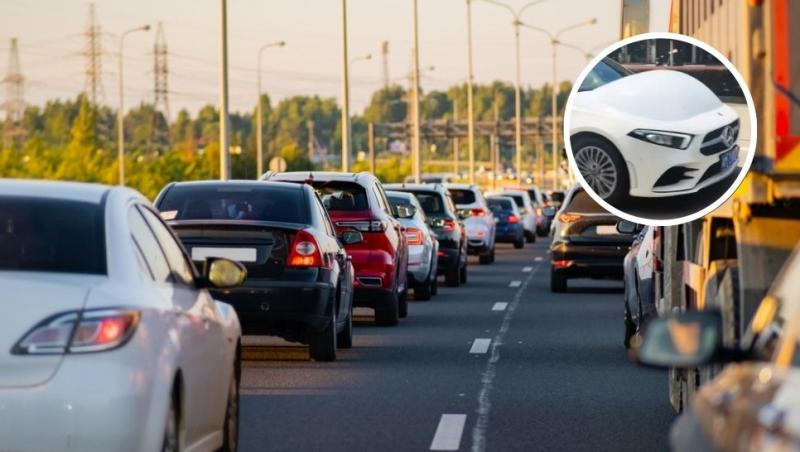 colaj mașini în trafic și mercedes cu o bulă pe capotă