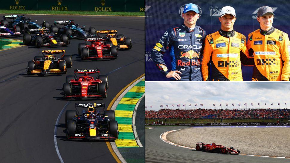 colaj monoposturi de formula 1 pe circuitul din olanda, max verstappen, lando norris și oscar piastri, monopost formula 1 trecând prin șicană