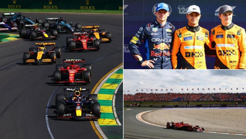 colaj monoposturi de formula 1 pe circuitul din olanda, max verstappen, lando norris și oscar piastri, monopost formula 1 trecând prin șicană