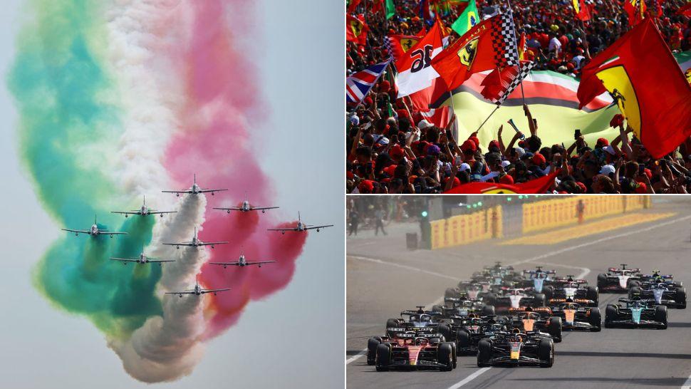 colaj moment artistic avioane cu culorile italiei, fanii cu steaguri ferrari pe circuitul monza, monoposturi formula 1 pe circuitul monza