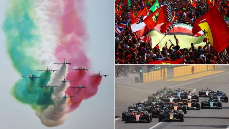 colaj moment artistic avioane cu culorile italiei, fanii cu steaguri ferrari pe circuitul monza, monoposturi formula 1 pe circuitul monza