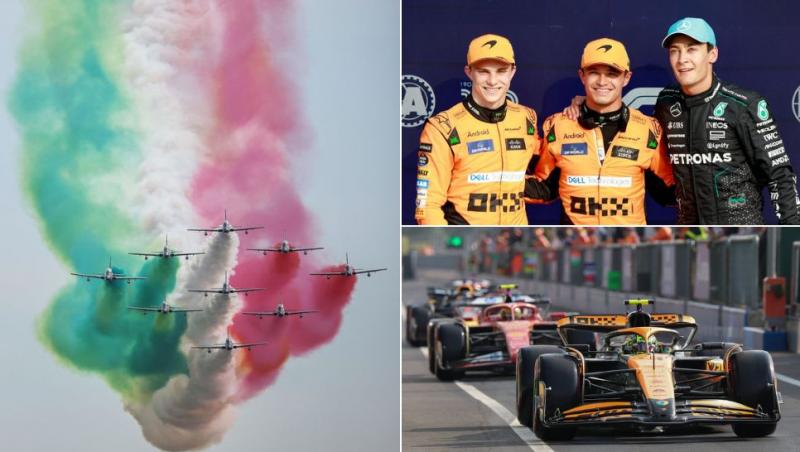 colaj avioane acrobatice pe cer la circuitul de la monza, podium calificări monza oscar piastri, lando norris și george russell, monoposturi formula 1 ieșind de la boxe