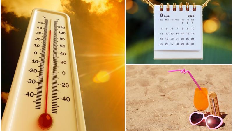 colal foto cu termometru, poza cu calendarul lunii august si ochelari de soare si cocktail pe nisip