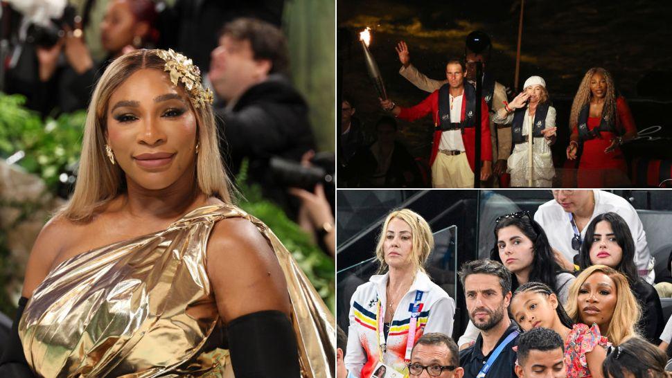 colaj serena williams, serena împreună cu nadia comăneci și rafael nadal care ține torța olimpică, serena cu fiica sa cea mare, soțul ei și nadia comăneci la jocurile olimpice de la paris 2024