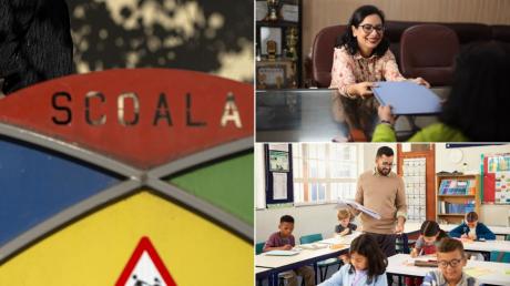 Collage fence in front of school, teacher handing a document to another person, teacher in class with students