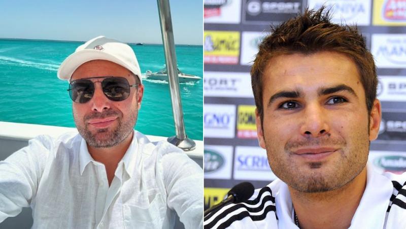 colaj adrian mutu cu șapcă și ochelari pe o barcă și adrian mutu pe când era fotbalist la o conferință de presă