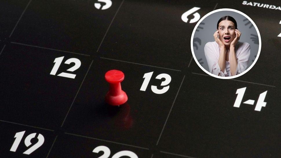 colaj calendar cu pin roșu pe data de 13, vineri, și o femeie care țipă cu mâinile la cap