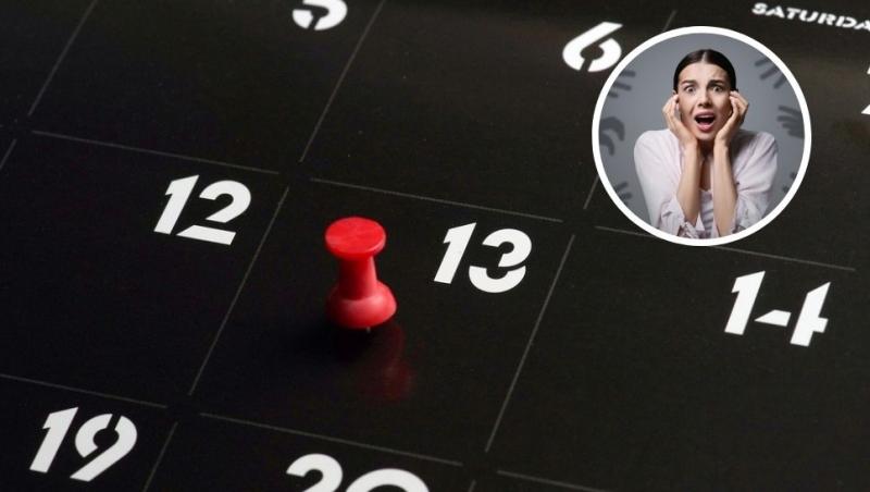 colaj calendar cu pin roșu pe data de 13, vineri, și o femeie care țipă cu mâinile la cap