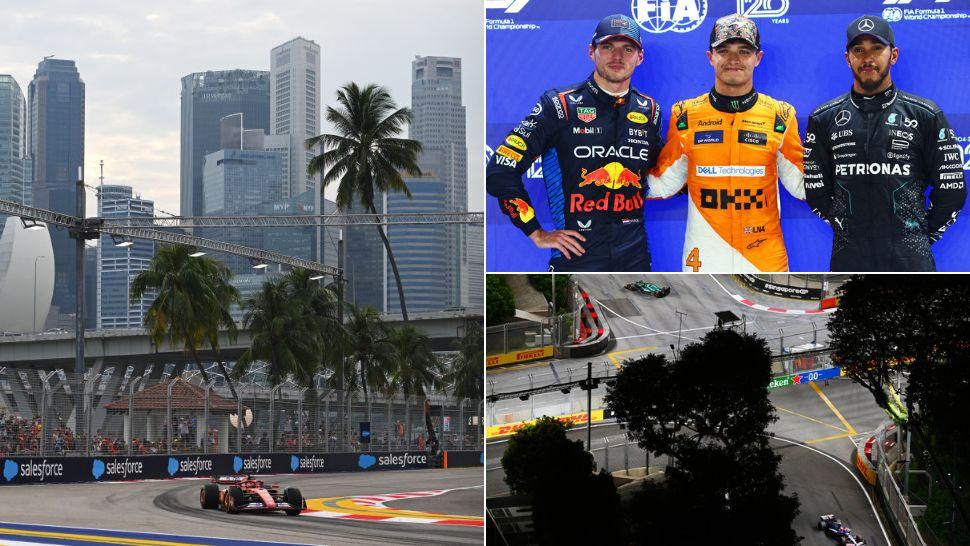 colaj monoposturi formula 1 pe circuitul din singapore, max verstappen, lando norris și lewis hamilton