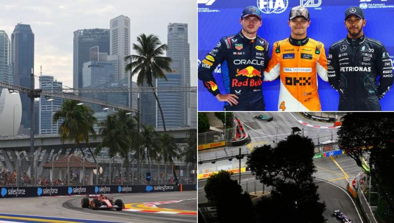 colaj monoposturi formula 1 pe circuitul din singapore, max verstappen, lando norris și lewis hamilton