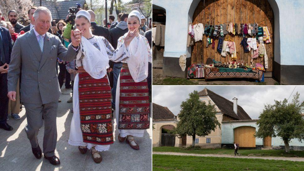 colaj regele charles dansând cu românce în costum popular, case din viscri