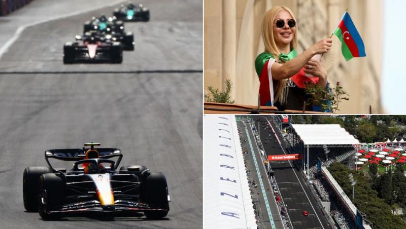 colaj monoposturi pe circuitul stradal baku, fan formula 1 care flutură streagul Azerbaijanului