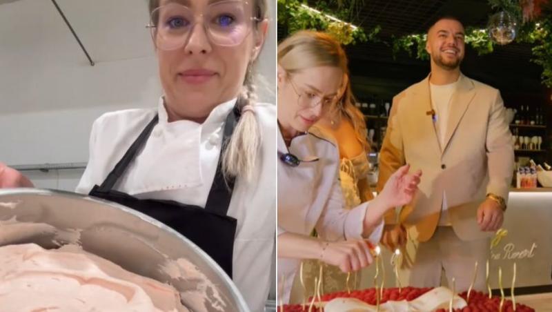 colaj andreea ignat cu un vas plin de bezea roz, andreea ignat aprinzând lumânări pe tort lângă culiță sterp