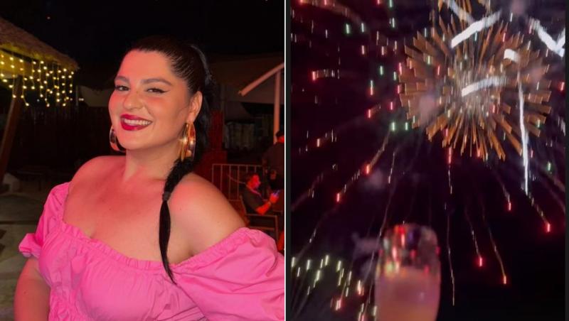 colaj ioana state într-o rochie roz și un pahar de șampanie, iar pe fundal artificii