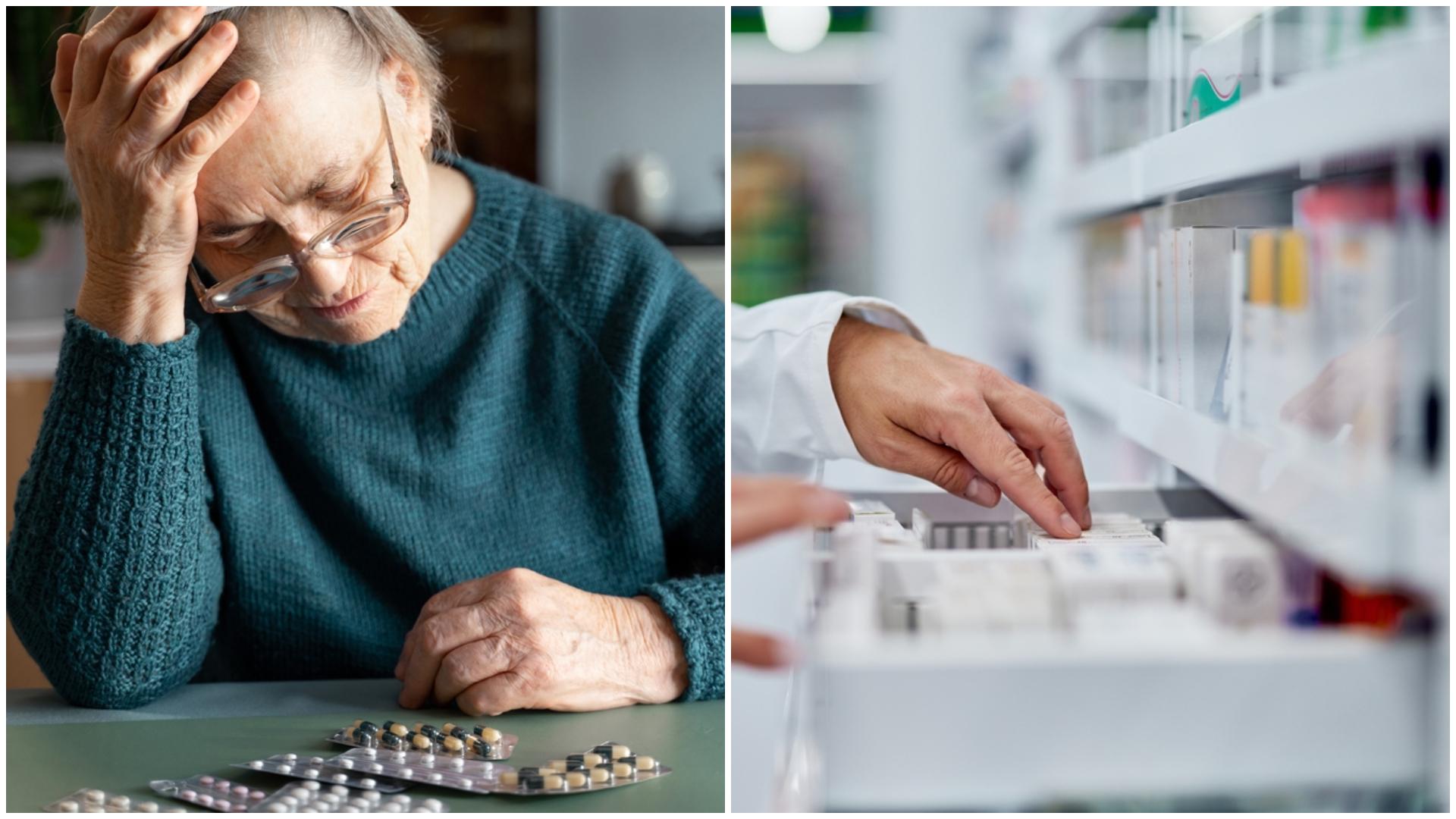 Pensionară care este supărată cu mâna la cap și se uită la pastile și un raft de medicamente la farmacie