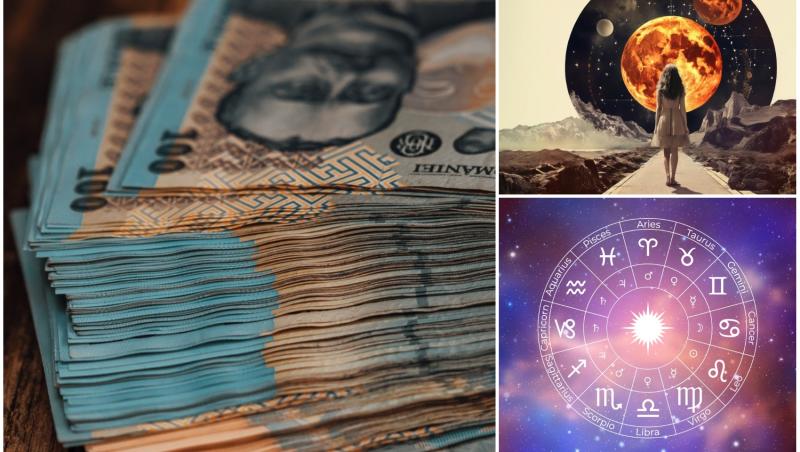 colaj foot cu cercul zodiilor, bani si o femeie care priveste cateva planete