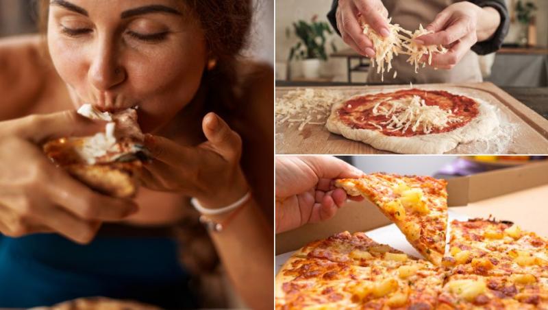 colaj femeie care savurează o felie de pizza, mâni care presară brânză peste aluatul cu sos de roșii, mână care rupe o felie de pizza cu ananas