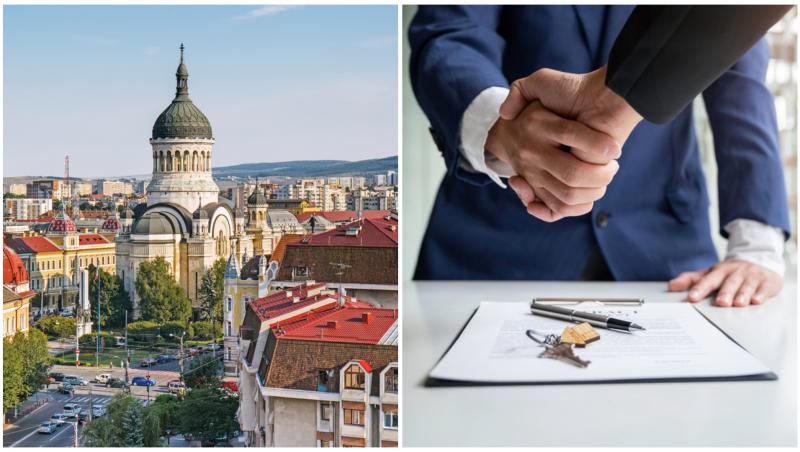 Orașul Cluj și doi bărbați care dau noroc