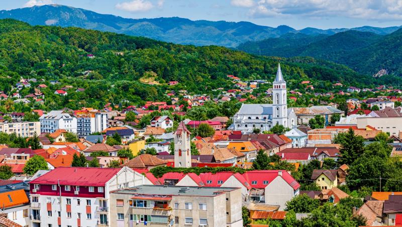 Priveliște cu multe case și pădure de la munte