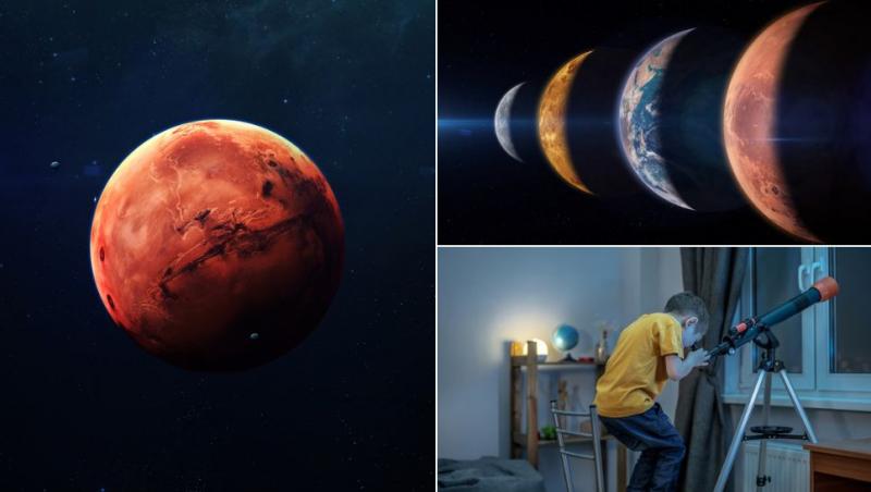colaj marte, planete aliniate, copil care se uită pe cer cu un telescop din camera lui