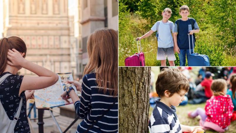 colaj două fete care se uită pe o hartă, doi băieți care așteaptă lângă geamantane pe marginea drumului și băiat care se uită la un măr