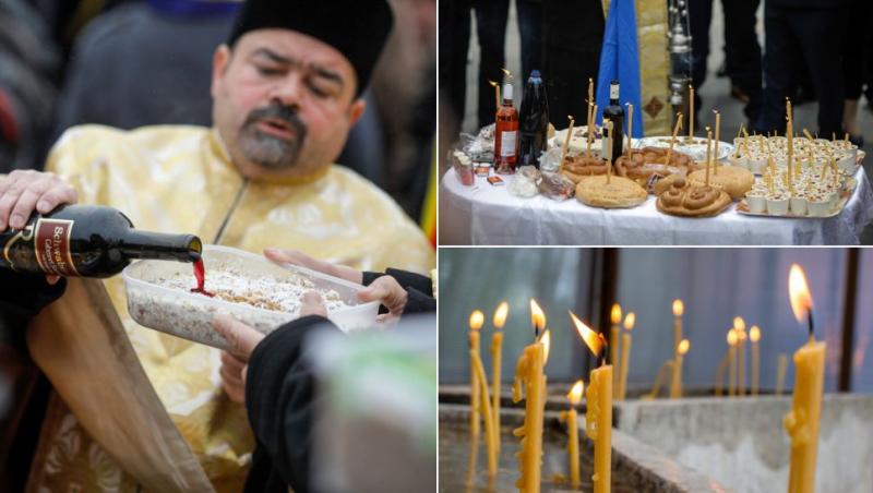 colaj preot care stropește coliva cu vin, pachete și colivă pe masă la biserică, lumânări aprinse