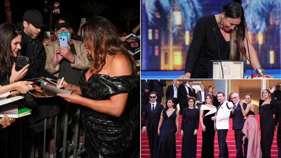 colaj Karla Sofía Gascón dând autografe, Karla Sofía Gascón pe scenă acceptând premiul, castul emilia perez