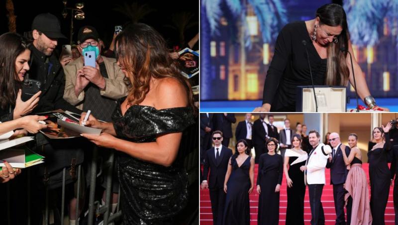 colaj Karla Sofía Gascón dând autografe, Karla Sofía Gascón pe scenă acceptând premiul, castul emilia perez