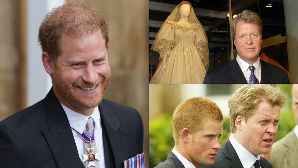colaj prințul harry, charles spancer lângă rochia de mireasă a prințesei diana, prințul harry și charles spencer