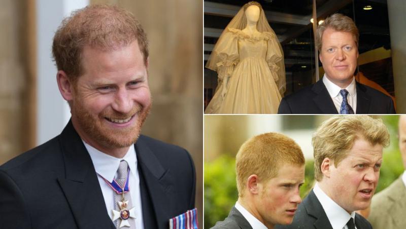colaj prințul harry, charles spancer lângă rochia de mireasă a prințesei diana, prințul harry și charles spencer