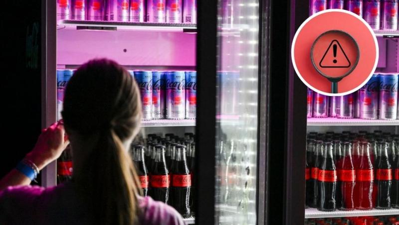 colaj femeie care ia dintr-un frigider o băutură și o lupă peste smenul exclamării de pe un fundal roșu