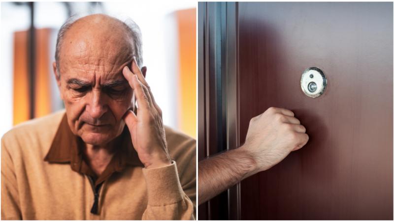 Un senior supărat și mâna unui om care bate la ușă
