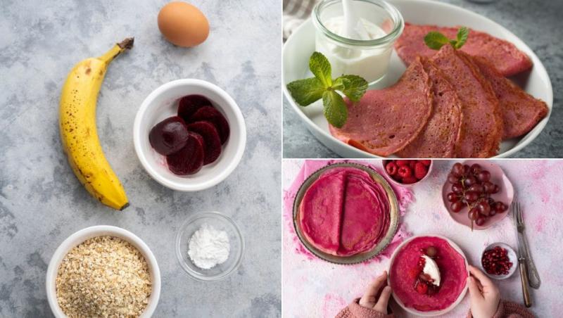 colaj ingrediente, clătite din sfeclă roție și banane, mâni de copil care iau o clătită