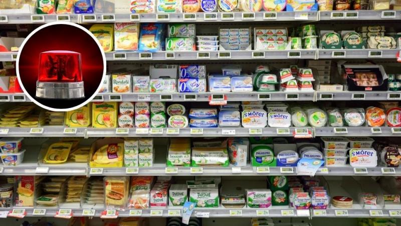 colaj brânză la raft în magazin și alarmă roșie