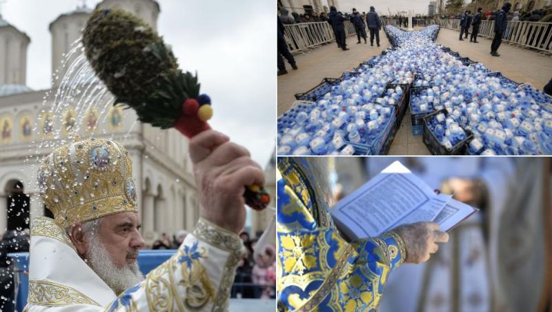 colaj patriarhul daniel , sticle de apă în curtea bisericii, preot cu cartea sfântă în mână