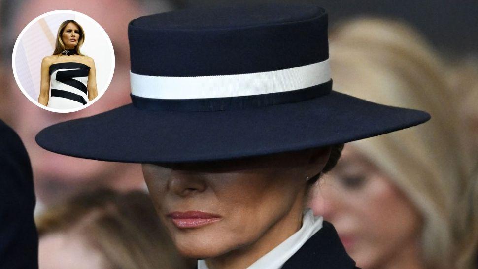 colaj melania trump cu pălărie care îi ascude privirea, melania trump în rochie la dineu