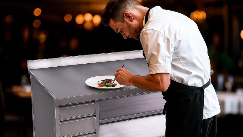 Un bucătar care lucrează pe masă din inox