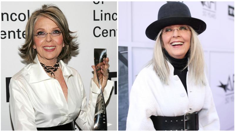 Colaj cu Diane Keaton în două ipostaze diferite în ținute albe