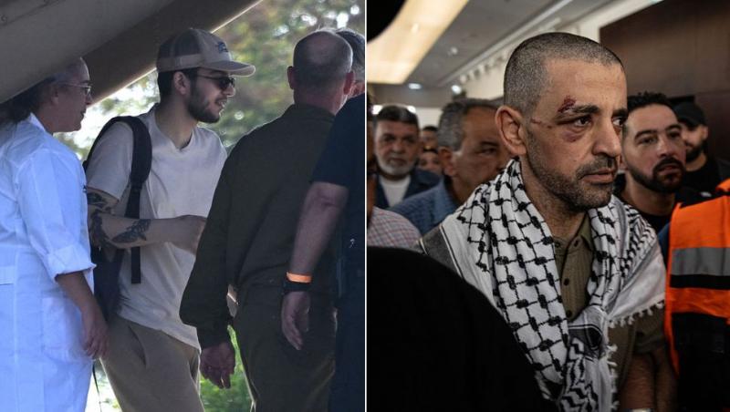 colaj ostatici israelieni eliberați de hamas și ostatici palestinien eliberați de israel
