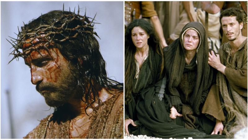 James Caviezel în rolul lui Iisus în filmul: Patimile lui Hristos (SUA 2004), alături de Monica Bellucci, Maia Morgenstern și Hristo Jivkov