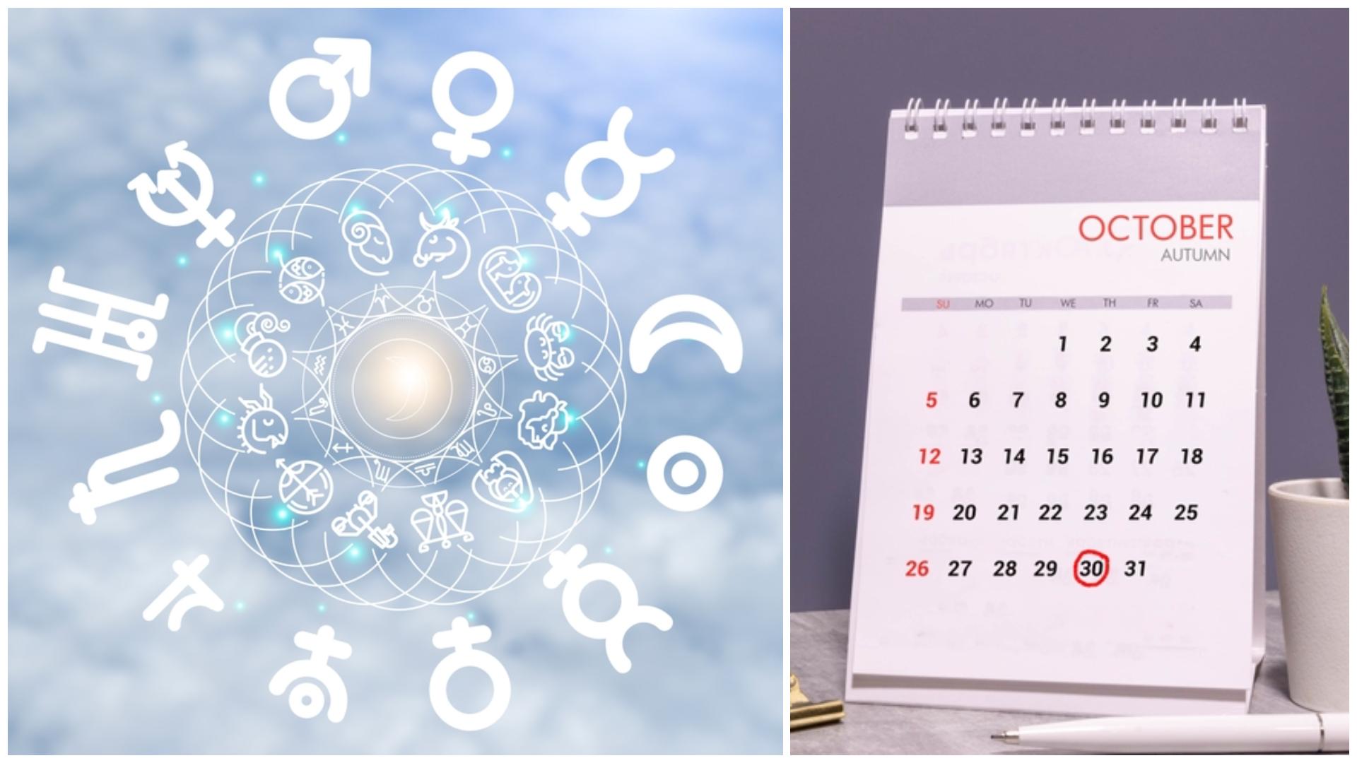 Colaj cu semne zodiacale și un calendar pe luna octombrie