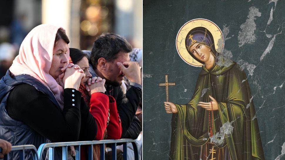 colaj credincioși la coadă la pelerinajul de sfânta parascheva, frescă sfânta parascheva