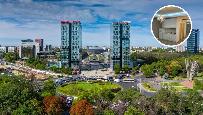 Peisaj din București și o imagine cu bucătăria garsonierei inserată sub formă ce cerc