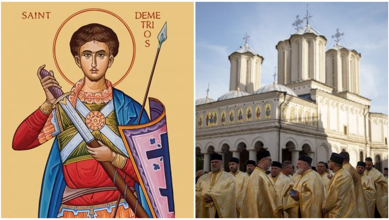 Icoana Sfântului Dumitru și preoți în curtea bisericii