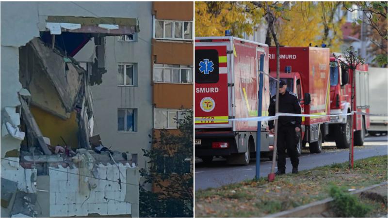 Blocul în care a avut loc explozia și mașini de pompieri
